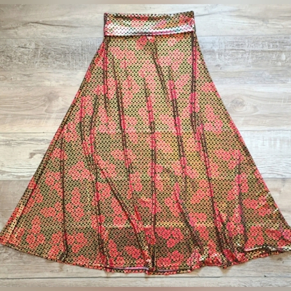 LuLaRoe Metallic Pink Green Floral Wide Waistband Maxi Skirt Wet Look EUC